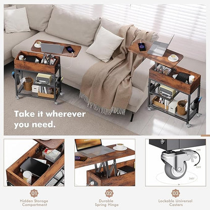 Colima Lift Top End Table with Charging Station and Wheels, Sofa Side Table with USB Port & AC Outlets, Movable Bedside Nightstand with Side Bag for Office Living Room Bedroom(Rustic Wood)