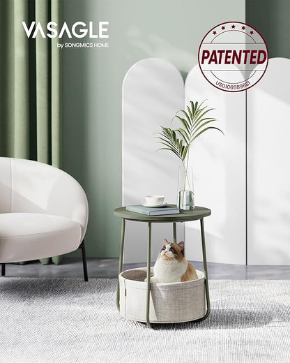 VASAGLE Small Round Side End Table, Modern Nightstand with Fabric Basket, Forest Green and Cream White ULET223C80