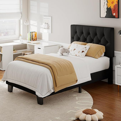 Feonase Twin Platform Bed Frame with Button Tufted Headboard, Upholstered Linen Bed with Wooden Slats Support, No Box Spring Needed, Noise-Free, Easy Assembly, Black