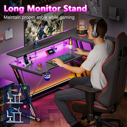 47 Inch Gaming Desk with Power Outlet & LED Lights, Corner Computer Desk with 3 Tiers Storage Shelves, Home Office Desk with Monitor Stand for Small Space, Carbon Fiber Black