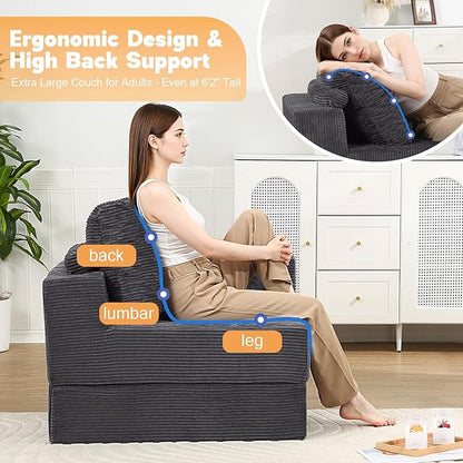 MeMoreCool Convertible Sofa Bed Foldable Boneless Couch, Folding Sleeper Chair Bed with L-Shaped Armrest, Comfy Floor Lounge Couch for Adults, Fold Out Single Sofa Chair Futon for Indoor Bedroom