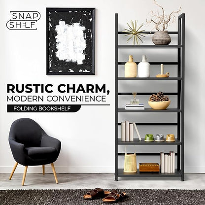 5 Tier Wood Book Shelf Organizer, No Assembly Bookshelf for Bedroom Living Room Office, Rustic Foldable Book Case, Tall Bookshelves, Open Book Shelves, Decorative Folding Shelf Display, Tall Bookcase