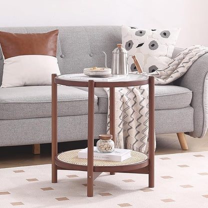 Tiita Rattan Coffee Table, Round End Table, 2-Tier Modern Side Table, Small Bamboo Living Room Side Table, Glass Sofa End Table for Balcony and Office Outdoor/Indoor (Walnut)