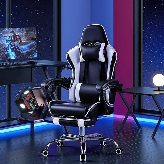 VECELO Ergonomic Gaming Chair with Footrest, Comfy Recliner Computer Chair, Swivel Seat, Height Adjustable, High Back PU Leather, Lumbar Support, Headrest for Adults, Black