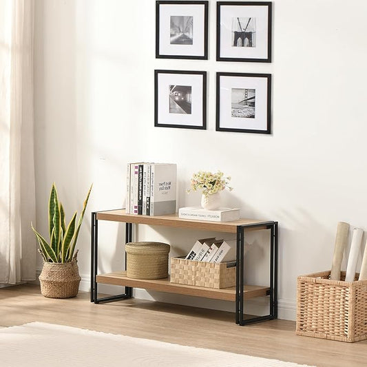 Small Industrial Bookshelf 2 Shelf Bookcases and Book Shelves for Living Room/Bedroom Wood Metal Rustic Oak
