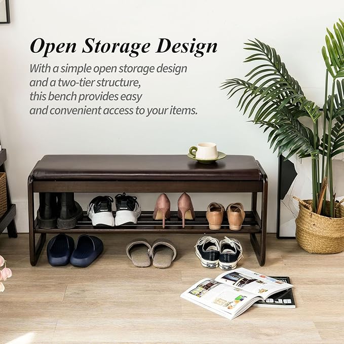 Shoe Bench, Entryway Bench with Leather Cushion, Solid Wood Shoe Rack, Mid Century Modern Bench, Shoe Storage, Shoe Organizer for Entryway (Grey, 39.4" W)