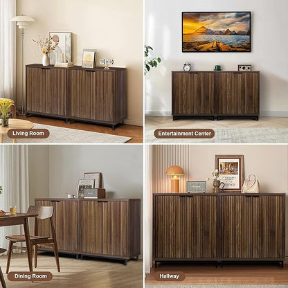 Buffet Cabinet with Storage Accent Sideboard Modern Credenza with 2 Doors & 3 Shelves Fluted Media Console for Living Room Kitchen Dining Room Hallway (Walnut)