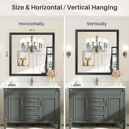 40x38 Inch Black Bathroom Mirror for Wall, Thick Metal Framed Rectangle Mirrors for Over Sink, Bedroom, Living Room, Entryway, Anti-Rust, HD Tempered Glass