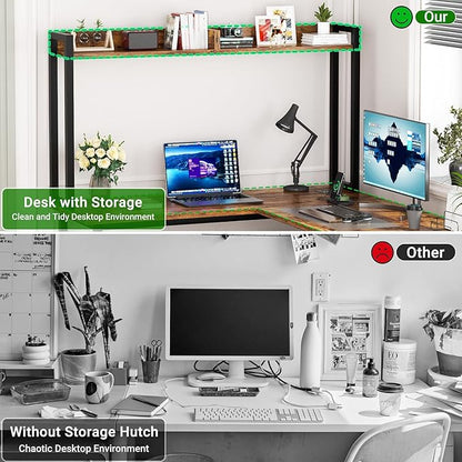 Unikito L Shaped Gaming Desk with LED Strip and Power Outlets, Reversible L-Shaped Computer Desk with Storage Shelves, Corner Desk with Hutch, 2 Person Home Office Desk, Rustic Brown