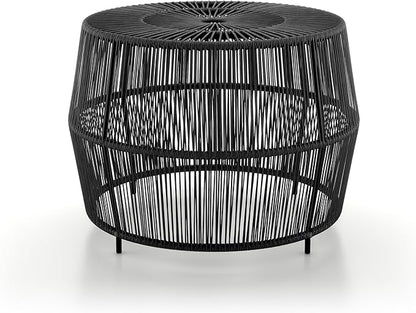 Muse & Lounge Co. Ysar Boho Rattan Round Coffee Table Outdoor with Metal Frame, All-Weather and Rust Resistant, Handcrafted Coastal Furniture for Patio, Poolside, Garden, Yard, Black