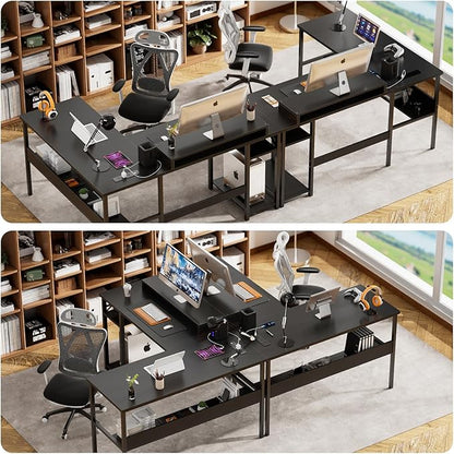 Unikito Reversible L Shaped Desk with Magic Power Outlets and Smart LED Light, Sturdy Corner Computer Desk with Monitor Stand & Storage Shelves, Gaming Table Home Office Desk, Easy Assembly, Black