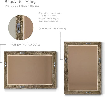Walnut Vanity Mirror Rectangular Barnwood Framed Wall Mirror for Home Decor, Vertical or Horizontal Hanging, 41x29