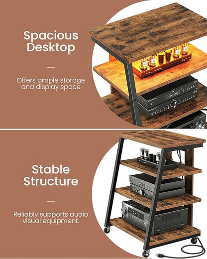 4-Tier AV Media Stand with Wheels, Stereo Stands, Media Console Shelf with Power Strips, LED Lights, Wooden Audio Cabinet Rack Tower, Rustic Brown and Black TCJ60UDBF