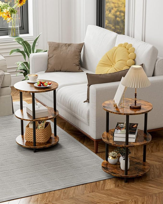 Small Round End Table - 3 Tier Design Accent Table, Narrow Side or Bedside Stand, Industrial Vintage Nightstand for Bedroom, Living Room, or Small Spaces, Set of 2, Rustic Brown