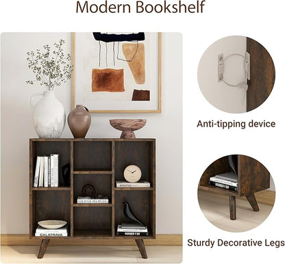 Manora Rustic Brown 7 Cube Mid Century Modern Bookshelf, Wooden Storage Organizer with Open Shelves, Retro Bookcase for Living Room, Bedroom, Home Office
