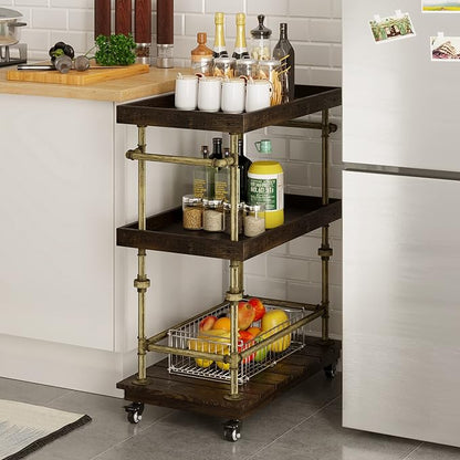Industrial Bar Cart, 3-Tier Serving Cart Creates with Solid Wood and Metal Pipe Frame, Rustic Style Wide Bar Cart Wine Rack with Wheels (3-Tier)