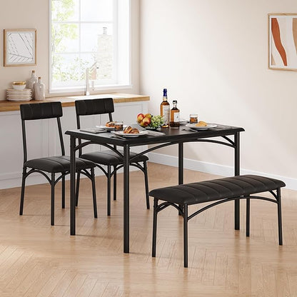 GarveeHome Dining Table Set for 4, Kitchen Table with Upholstered Chairs and Bench, Wood Rectangular Dining Table and Chairs Set for Small Space, Apartment, Dinner, Rustic Black