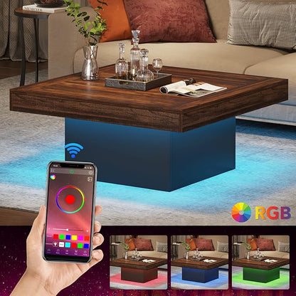 Tribesigns Coffee Table Square LED Coffee Table Engineered Wood Low Center Cocktail Tables for Living Room (Rustic Brown+Black)