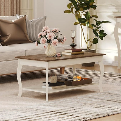 ChooChoo Coffee Table, Rustic Center Table with Curved Legs and Storage Shelf, 39" Coffee Table for Living Room, Soft White