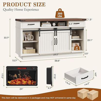 59'' Fireplace TV Stand with 3D Flame Electric Fireplace Heater, 34'' Tall Farmhouse TV Stand for 65 Inch TV, Entertainment Center TV Console with 2 Drawers, Sliding Barn Door for Living Room - White