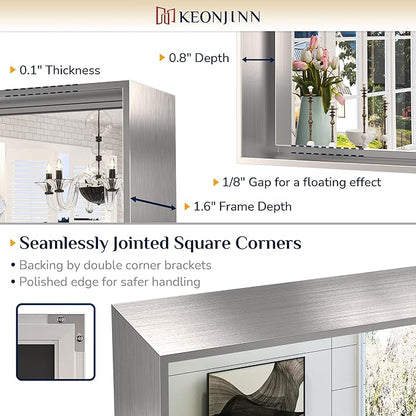 Keonjinn 72 x 36 in Brushed Nickel Mirror for Bathroom Sink, Rectangular Metal Framed Vanity Wall Mirror Square Corner Aluminum Alloy Modern Rectangle Silver Mirror for Over Sink(Horizontal/Vertical)
