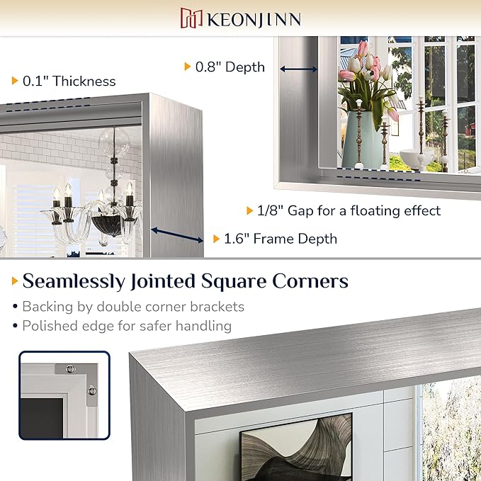 Keonjinn 48 x 40 in Brushed Nickel Bathroom Mirror, Rectangular Wall Metal Framed Vanity Mirror Square Corner Aluminum Alloy Modern Rectangle Wall-Mounted Mirror(Horizontal/Vertical)