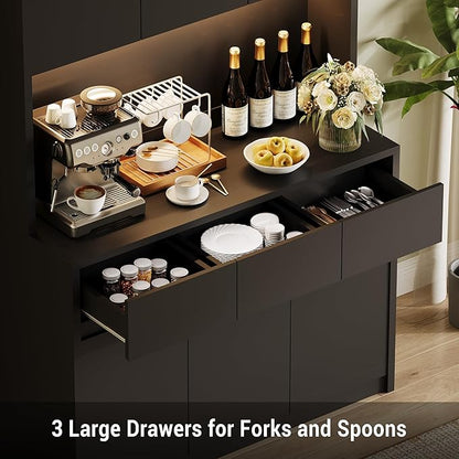 Garvee Kitchen Pantry Storage Cabinet, Tall Storage Cabinet with Doors and Shelves, Kitchen Storage Hutch with Microwave Stand, Led Lights and Charging Station,Corner Pantry Cabinet,Black