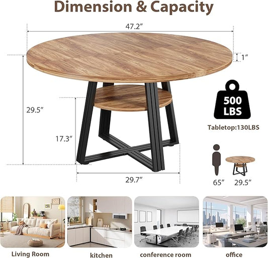 GarveeHome Round Dining Table for 4-6, 47.2" Farmhouse Kitchen Table with Storage, Circle Dinner Tables for Kitchen, Dining Room, Living Room, Meeting Room, Apartment, Retro