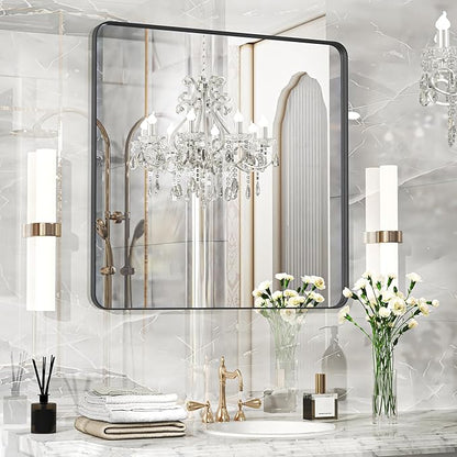 30×30 Black Bathroom Mirror, Rectangular Bathroom Vanity Mirror for Wall with Rounded Corners & Aluminum Alloy Frame, Tempered-Glass, Modern, Farmhouse, Horizontal/Vertical, Entryway, Bedroom