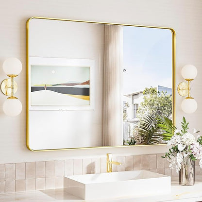 TokeShimi Brushed Gold Bathroom Mirror,40x30 Large Bathroom Mirror Rectangle,Aluminum Vanity Mirror Bathroom Wall with Tempered Glass,Modern Gold Mirror Framed(Horizontal/Vertical)