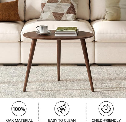 Small Oval Coffee Table, 25.6'' Small Mid Century Modern End Table for Living Room, 100% Solid Oak Wood Side Table, Minimalist Display Center Table(Walnut Color, 25.59''Wx17.51''Dx19.68''H)