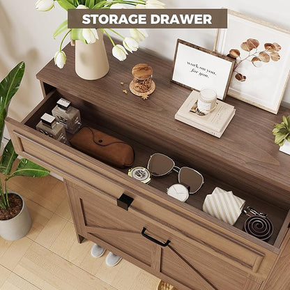 IRONCK Shoe Storage Cabinet with 2 Flip Drawers & Barn Door Design, Freestanding Shoe Cabinet Organizer with Drawer and Shelves for Entryway, Farmhouse Shoe Rack Cabinet,Dark Walnut