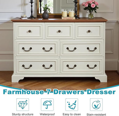 47.2" Farmhouse Sideboard Buffet Cabinet with Storage, Kitchen Buffet Storage Cabinet with 7 Drawers, Modern Wood Accent Sideboard for Living Room, Kitchen, Hallway(Antique Brown+White)