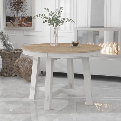 Farmhouse Style Expandable Round to Oval Dining Table with 16" Removable Leaf, Solid Wood Extendable Tabletop with Cross Trestle Legs, Space-Saving Kitchen-Tables for Home Apartment Restaurant