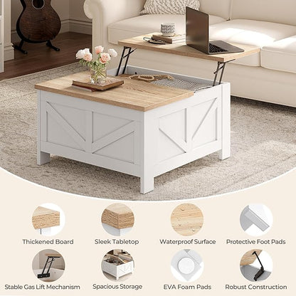 Yaheetech Farmhouse Lift Top Coffee Table with Storage, Square Coffee Table for Living Room, 31.5 Inches Center Tables with Large Hidden Storage Compartment for Home Office, White & Light Oak