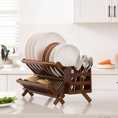 HBlife Dish Rack,Teak Folding 2-Tier Collapsible Drainer Dish Drying Rack with Utensils Flatware Holder Set