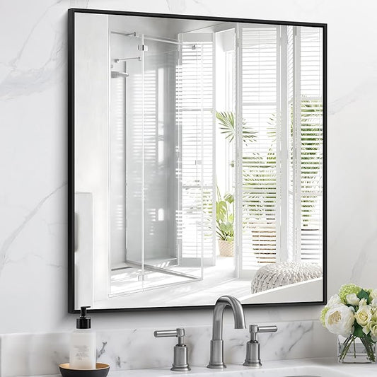 Black Bathroom Mirror for Wall, 30x36 Inch Rectangle With Metal Frame, Modern Vanity for Bathroom Living Room, Entryway Hangs Horizontal or Vertical