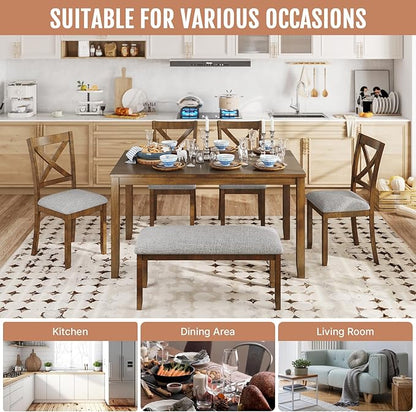 6-Piece Solid Wood Dining Table Set, Including 1 Dining Table, 4 Upholstered Chairs and 1 Bench, Wooden Dining Table Set for Kitchen, Dining Room, Walnut