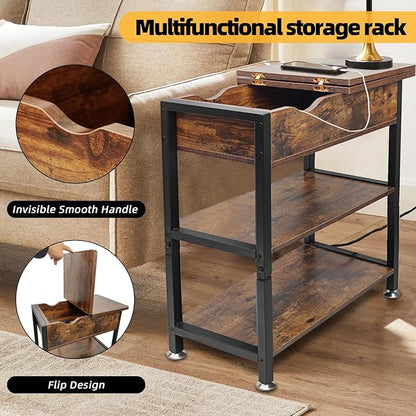 TooCust Flip Top End Table with Hidden Charging Station - 12" D×21" W×26" H Small Side Tables with Storage & Shelves, Compact Side Table for Small Spaces, Slim End Table with Charging Station, Brown
