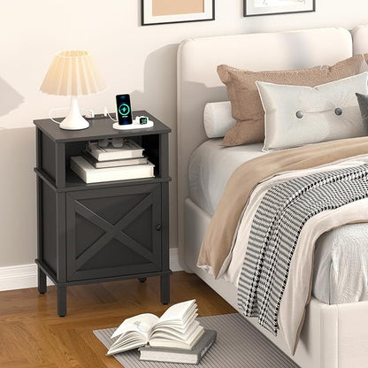 Nightstand with Charging Station, Farmhouse Nightstand, end Table with 2 Tiers Storage Space and Storage Cabinet, Sofa Side Tables for Bedroom, Living Room BZ0601BKE
