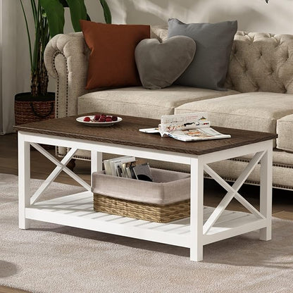 ChooChoo Coffee Table, Rustic Farmhouse Table with Shelf for Living Room, Vintage Finish White