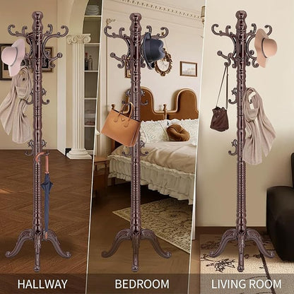 Wood Coat Rack Stand, Classic Wooden Coat Rack Freestanding with Sturdy Triangle Base, Vintage Coat Racks with 14 Hooks, Natural Birch Wood Entryway Corner Office Coat Hall Tree Hanger Stand