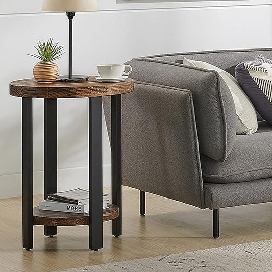 Pomona 20 in. Round End Table with 2 Shelves, Solid Wood Top, Metal Legs, Rustic Natural Brown Finish - Living Room Furniture