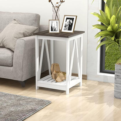 Farmhouse Square End Table, Accent Side Table with Slats Design, Sofa Side Table with Sturdy Frame for Living Room, Dark Grey