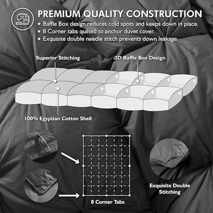 Luxurious All-Season Goose Down Feather Fiber Comforter Oversize Queen Duvet Insert (98x98), Exquisite Pinch Pleat Design- Gray, Premium Baffle Box, 100% Egyptian Cotton Cover, 70 oz. Fill Weight