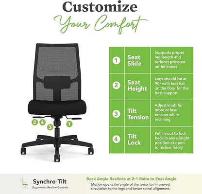 HON Ignition 2.0 Armless Ergonomic Office Chair, Adjustable Tilt, Swivel Wheels, Comfy for Long Hours, Home Office Desk Chairs, Black