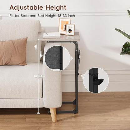 Vagusicc C Shaped End Table, 33" Tall Side Table for Couch, Adjustable Height Small Couch Side Table, Laptop Sofa Tables Slide Under Recliner Tables TV Tray Arm Tables for Living Room, Bedroom, Grey