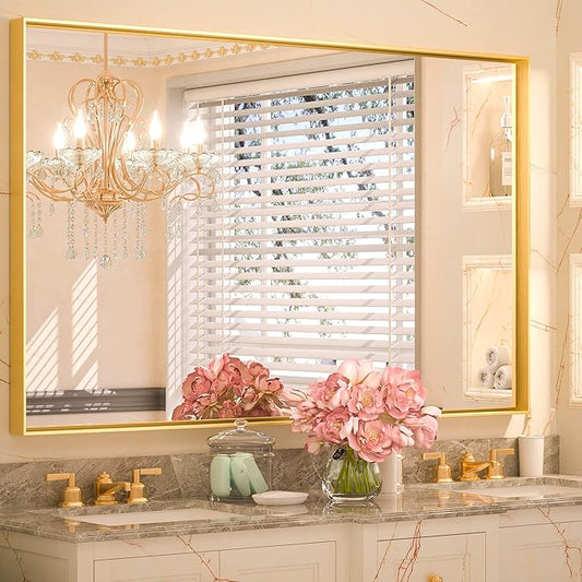 Keonjinn Gold Bathroom Mirror 40 x 30 Inch, Brushed Gold Mirror for Over Sink, Aluminum Alloy Framed, Square Corner, Modern Farmhouse, Large Rectangular Vanity Mirror for Wall(Horizontal/Vertical)