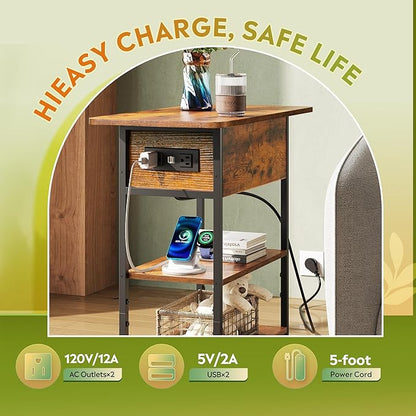 WLIVE End Table with Charging Station, Flip Top Side Table with Storage Shelf, Narrow Bedside Table for Living Room, Sofa Couch Table with USB Ports and Outlets, Bedroom Nightstand, Rustic Brown