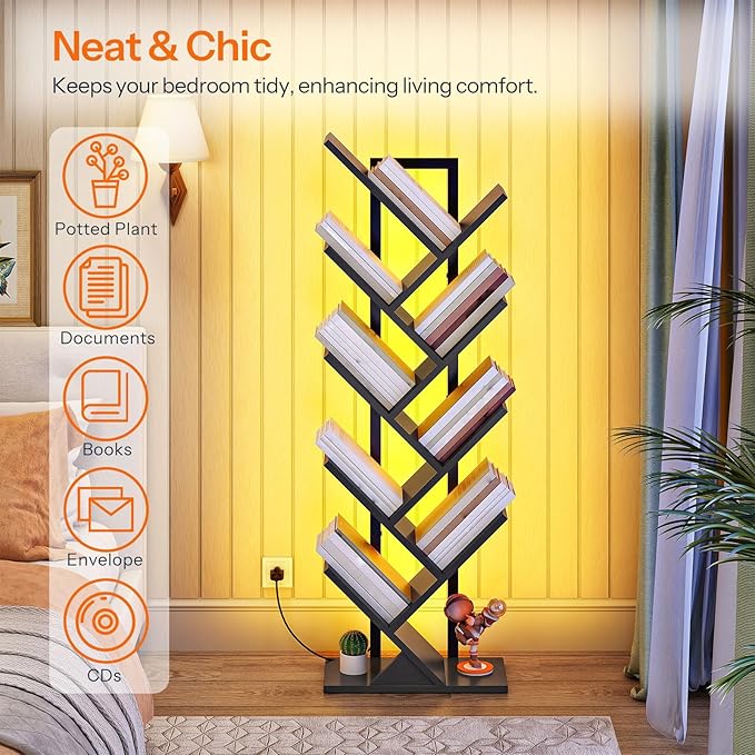 HOOBRO Tree Bookshelf, 9-Tier Tree Bookshelf with Lights, Space-Saving Book Shelf, Holds Books, CDs, Floor Standing Bookcase for Office, Living Room, Bedroom, Black BB08DSJ01
